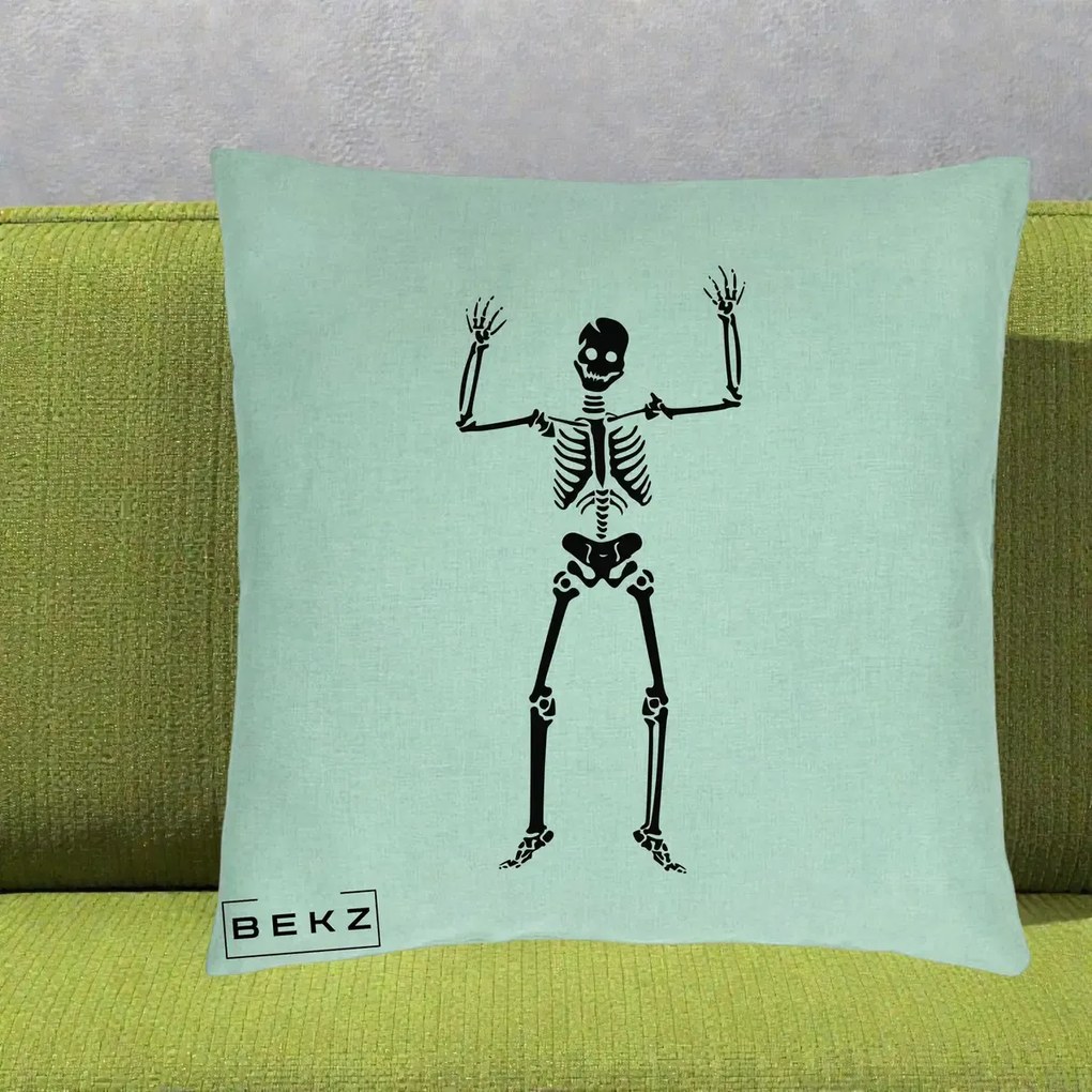 Perna Decorativa Halloween Schelet Dansator, 40x40 cm, Verde Menta, Husa Detasabila, Perna Inclusa, BEKZ®