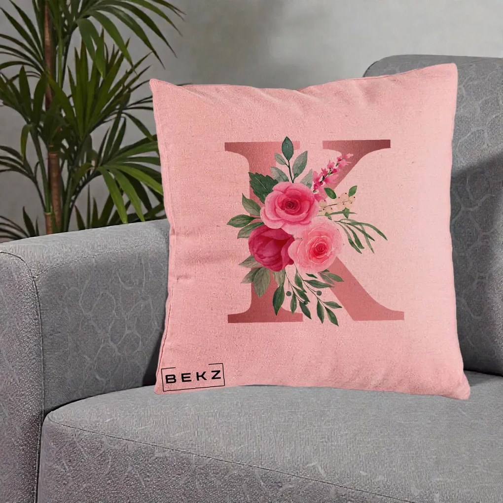 Cadou Personalizat - Perna Personalizata Monograma Rose Gold Litera K, 40x40 cm, Roz, Husa Detasabila, Perna Inclusa, BEKZ®