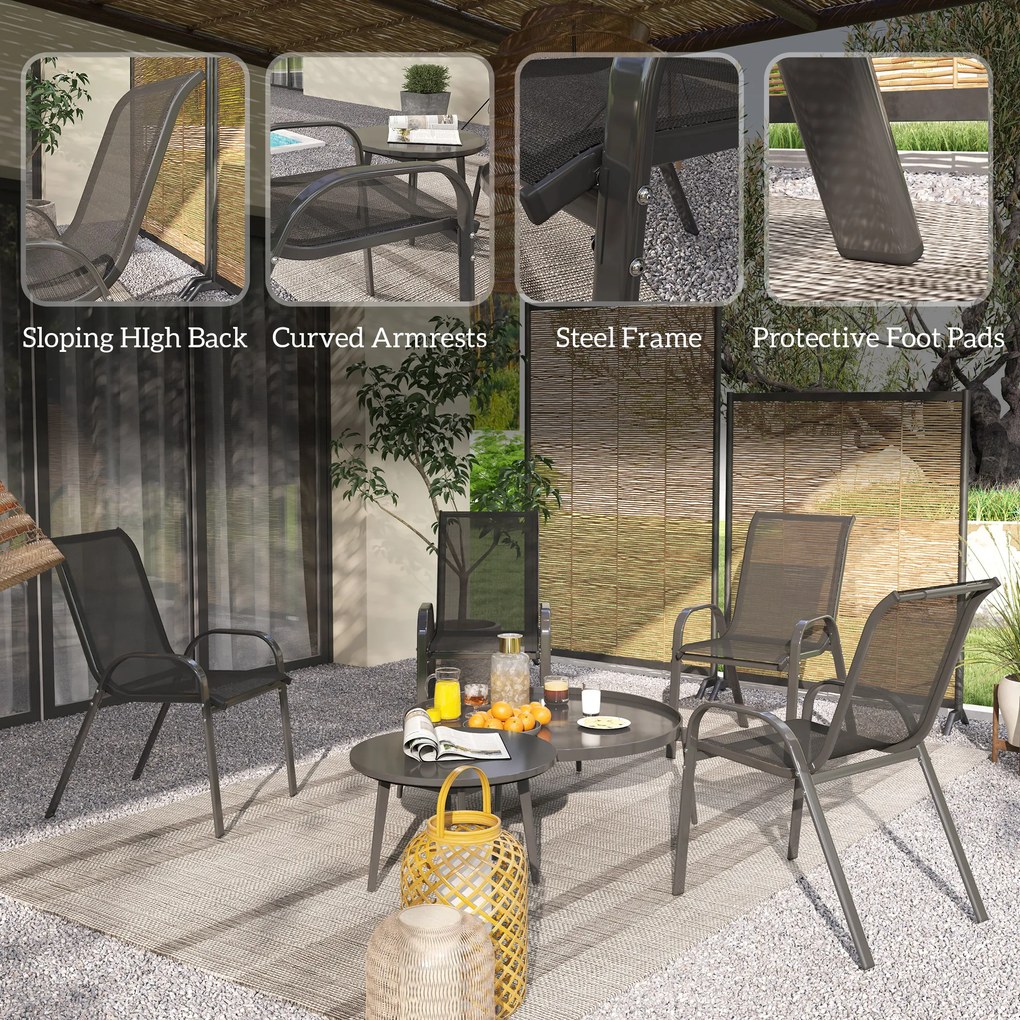 Outsunny Set de 4 Scaune Suprapozabile cu Spătar Înalt și șezut din Plasă, 54x71x93 cm, Negru | Aosom Romania