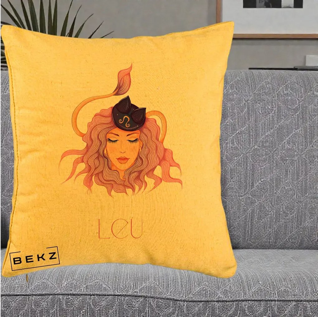 Perna Personalizata Zodie Leu, 40x40 cm, Galben, Husa Detasabila, Perna Inclusa, BEKZ®