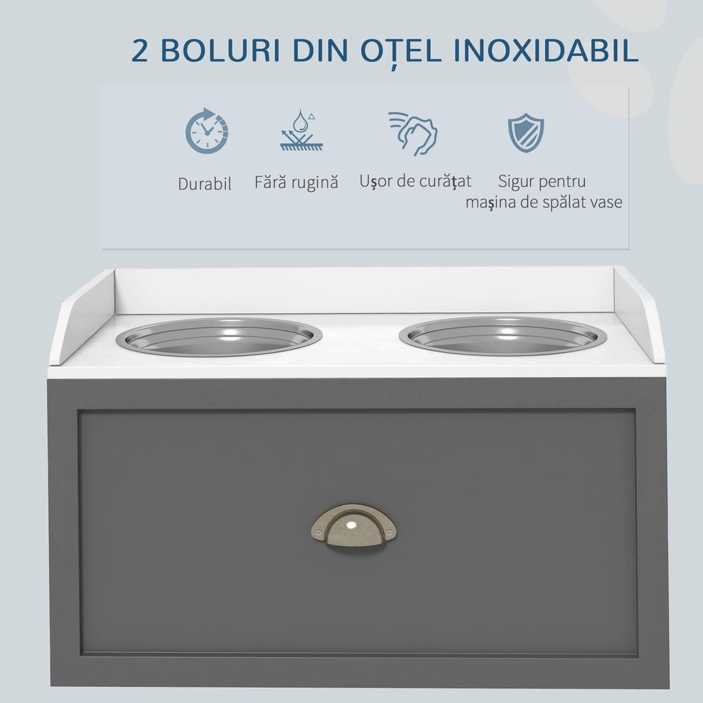 PawHut Boluri Înălțate pentru Câini din Oțel Inoxidabil și Lemn cu Sertar, 60x30x36 cm, Gri | Aosom Romania