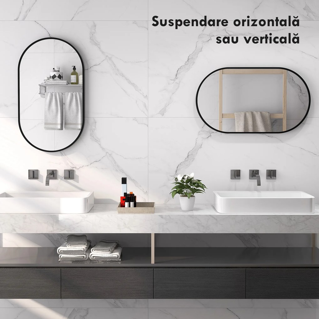 HOMCOM Oglindă Baie Ovală de Perete cu Ramă din Aluminiu, Verticală sau Orizontală, 40 x 70 cm, Negru | Aosom Romania
