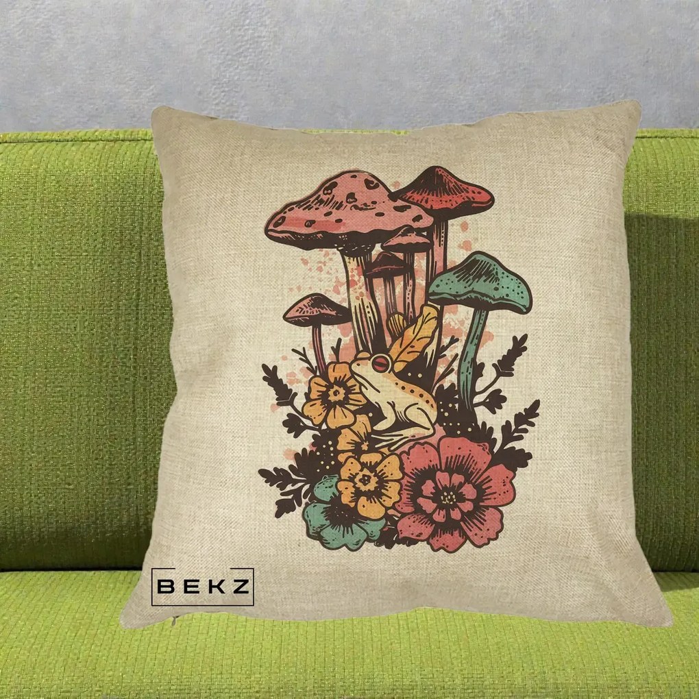 Perna Decorativa Ciuperci si Broaste Boho, 40x40 cm, Crem, Husa Detasabila, Perna Inclusa, BEKZ®