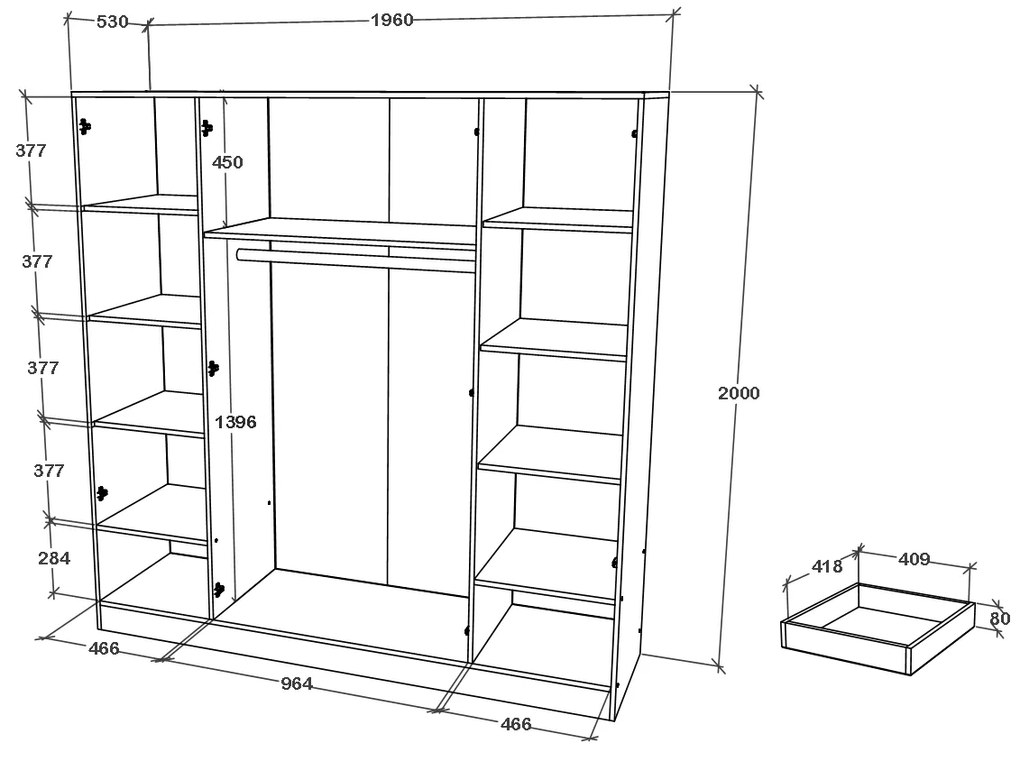 Dulap haaus Nero, 4 Usi, oglinda, Stejar Sonoma, 196 x 55 x 200 cm