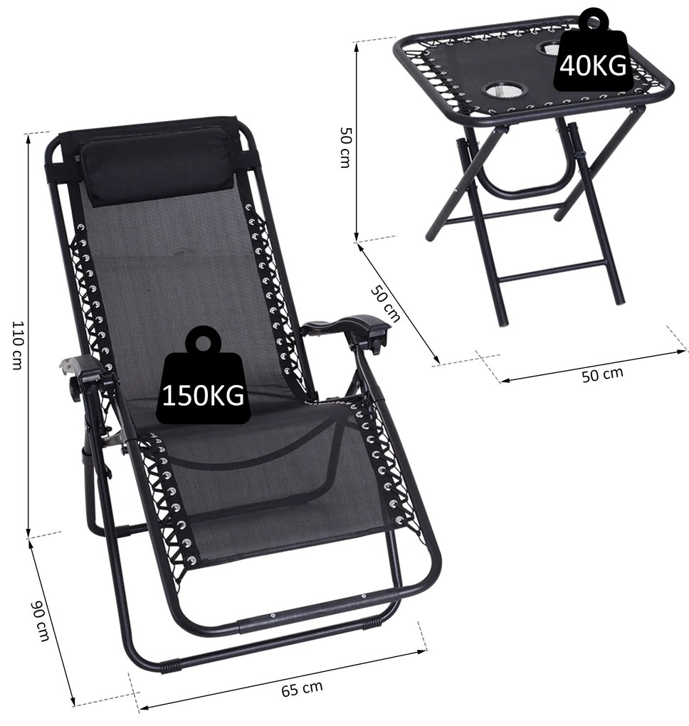Outsunny Set Mobilier de Gradina 2 Scaune Rabatabil si Masuta Reglabila Pliabila,Tesatura de Textilen, Negru