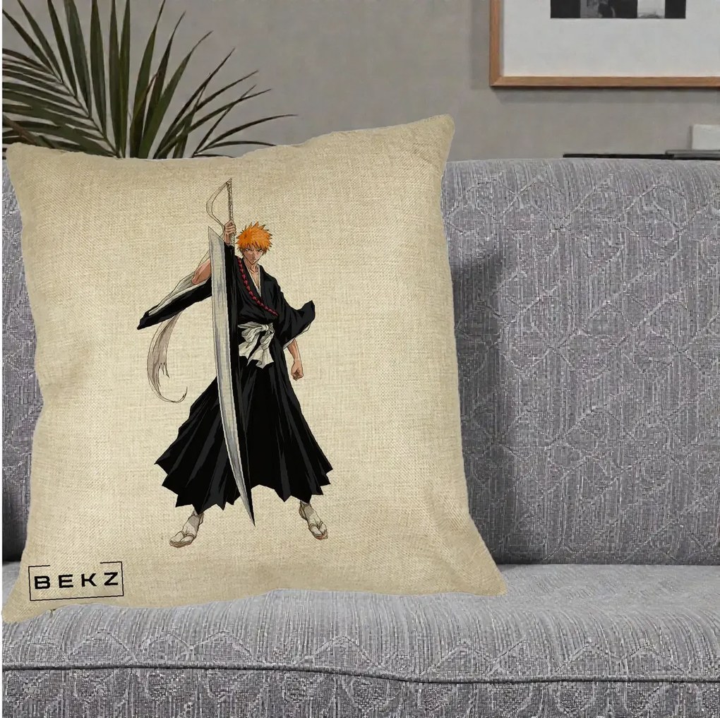 Perna Personalizata Bleach Ichigo Kurosaki Zangetsu, 40x40 cm, Crem, Husa Detasabila, Perna Inclusa, BEKZ®