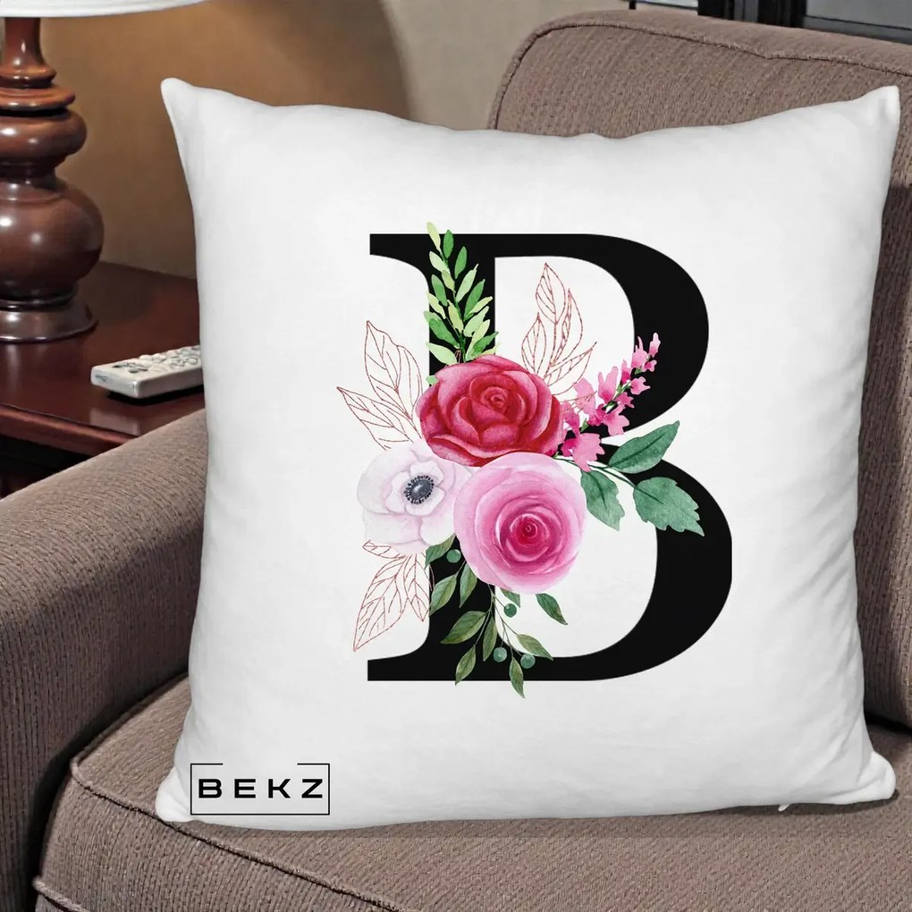 Cadou Personalizat - Perna Personalizata Monograma Florala Litera B, 40x40 cm, Alb Pufos, Husa Detasabila, Perna Inclusa, BEKZ®