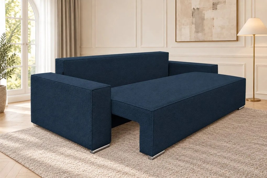 Canapea extensibilă Perla din boucle, bleumarin, cu ladă de depozitare