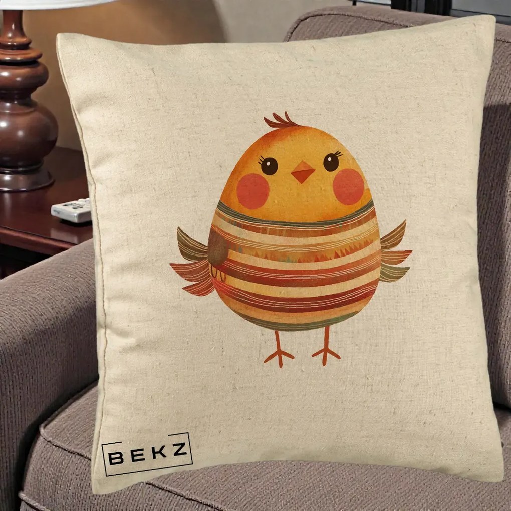 Perna Decorativa Pui Kawaii Portocaliu Dungi Calde, 40x40 cm, Bej, Husa Detasabila, Perna Inclusa, BEKZ®