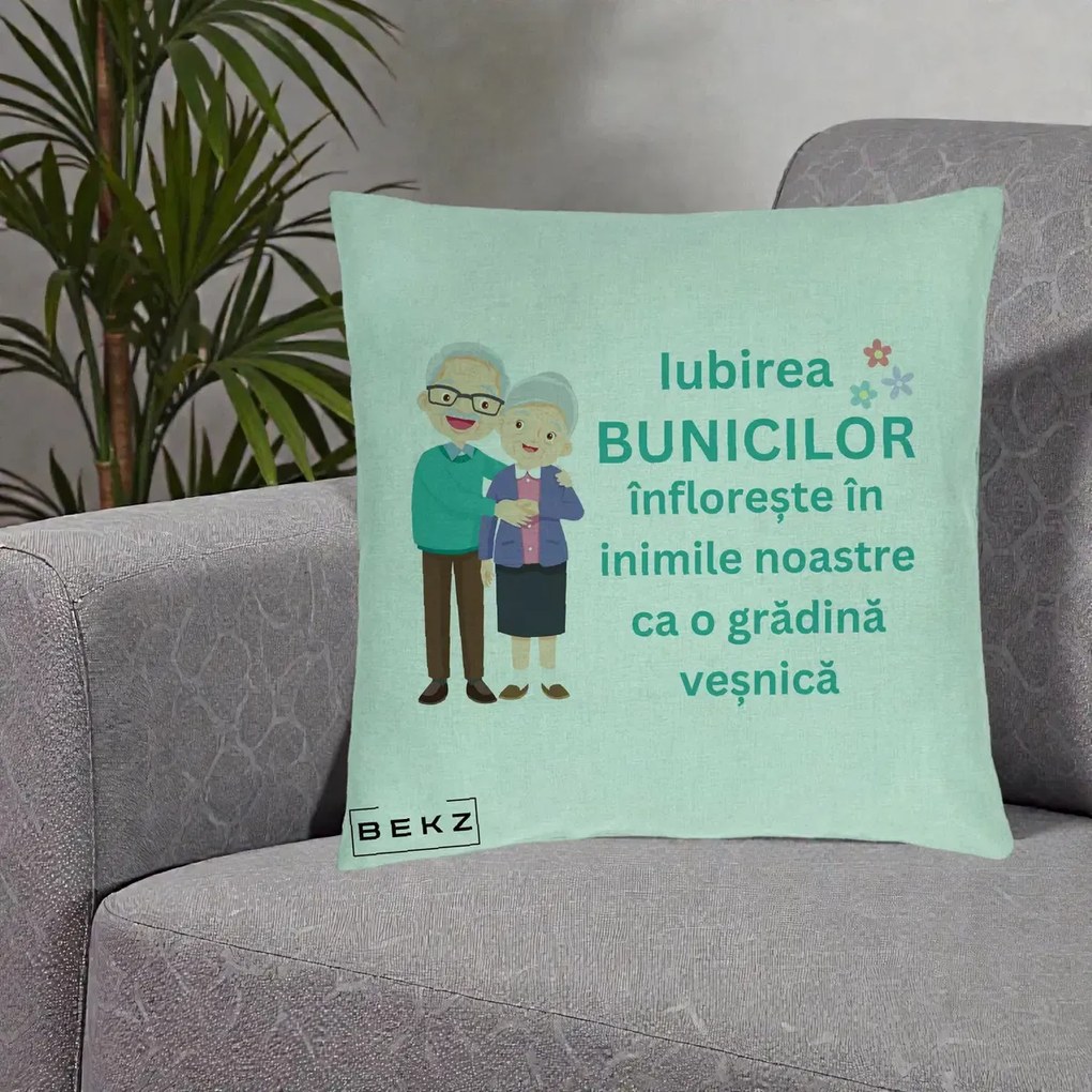 Cadou pentru Bunici - Perna Personalizata Bunicii Iubirea Infloreste Cuplu Senior Teal, 40x40 cm, Verde Menta, Husa Detasabila, Perna Inclusa, BEKZ®