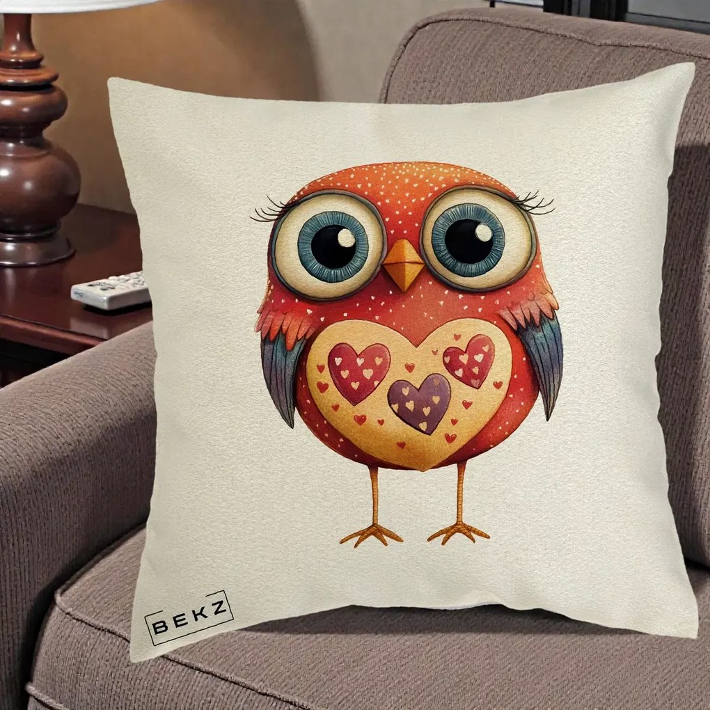 Perna Decorativa Bufnita Rosie cu Inimi Aurii, 40x40 cm, Ecru, Husa Detasabila, Perna Inclusa, BEKZ®