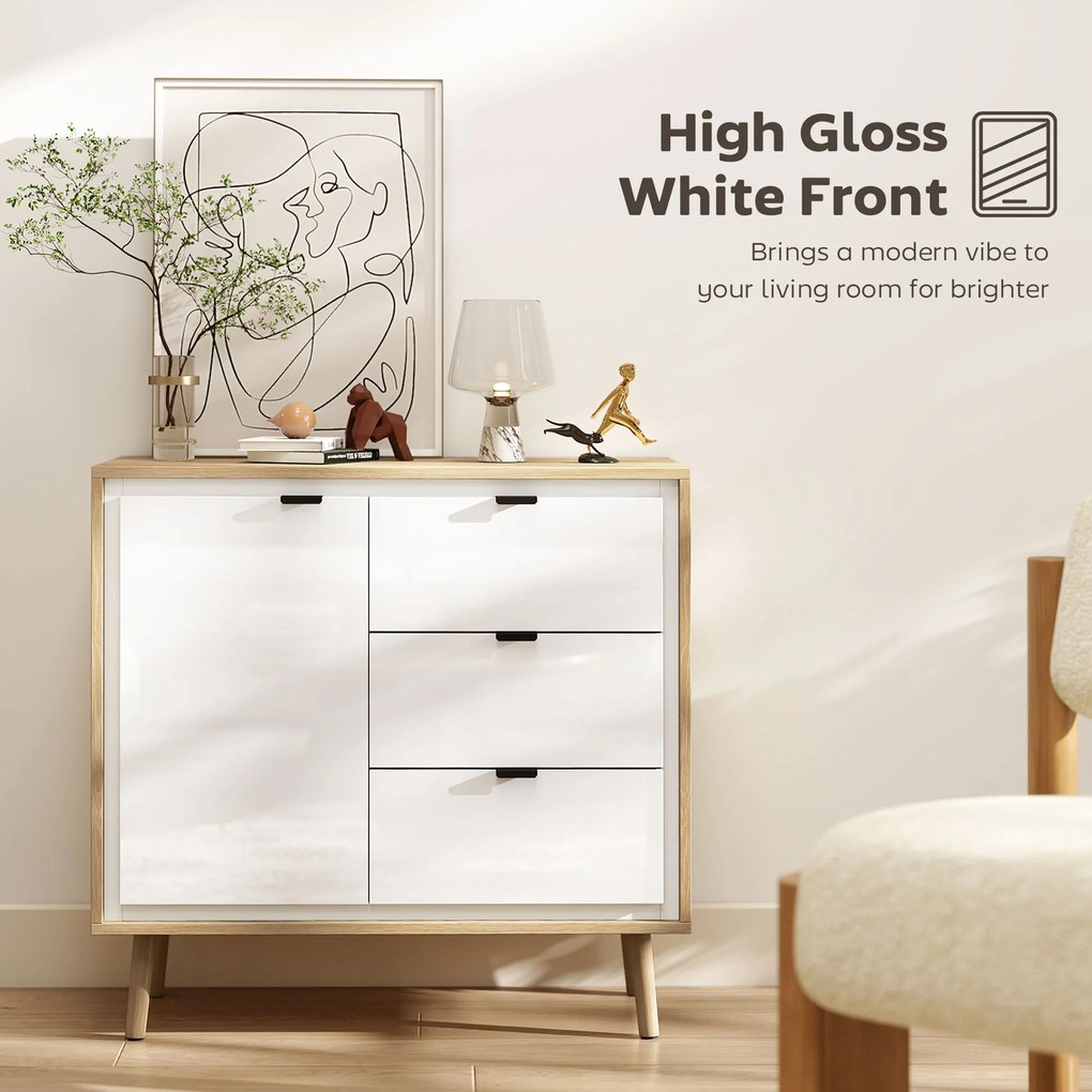 HOMCOM Credență de bucătărie cu 3 sertare și dulap Alb lucios și stejar | Aosom Romania