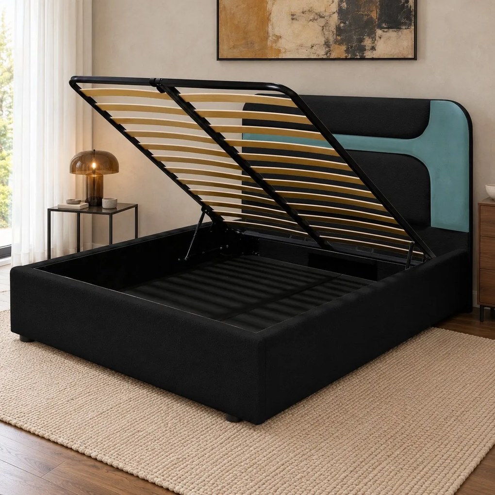 Pat tapițat Isadora 140×200 cm, negru + verde marin, cu ladă de depozitare