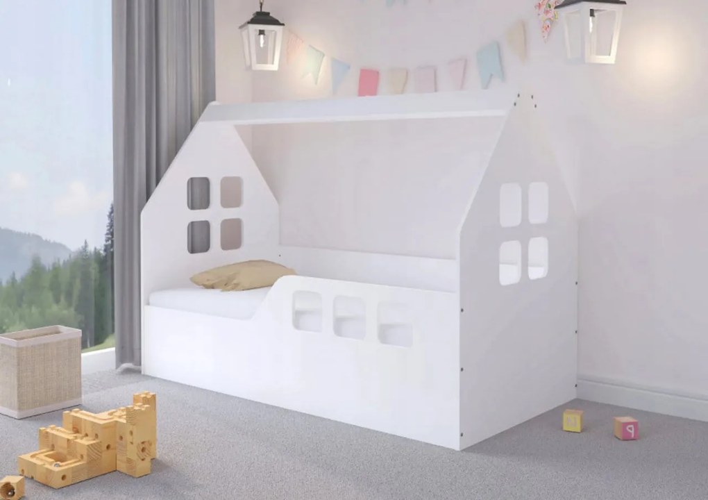 Pat tip casuta pentru copii NOVOKIDS™ MAGIC LITTLE HOUSE, 160x80 CM, Set cu Saltea din Spuma MATSEN® 10 CM Inclusa, Somiera Sistem FLEX, Protectie