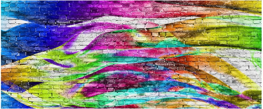 Tablou - Zid de cărămidă cu flăcări colorate (120x50 cm)