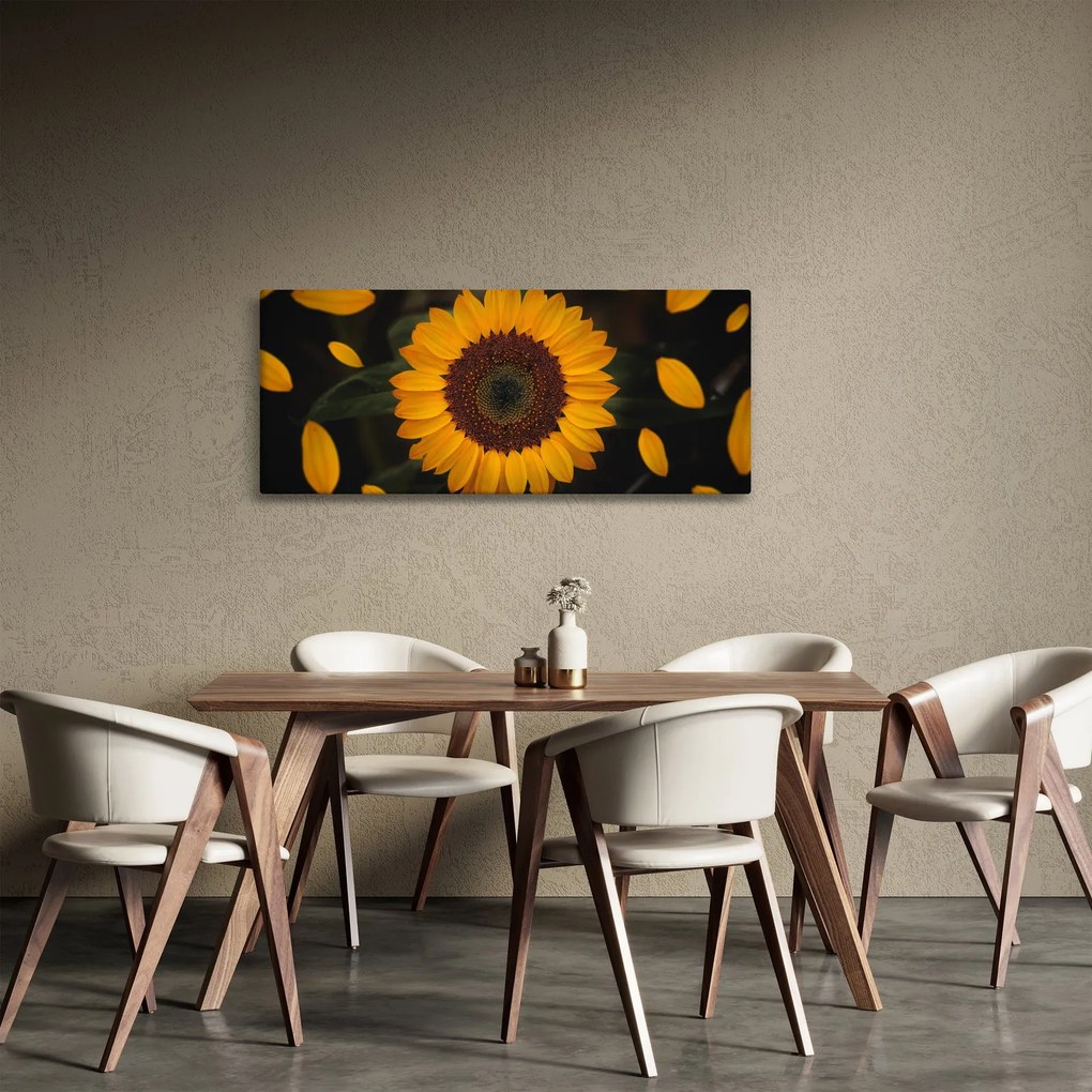 Tablou - Floarea soarelui și petale (120x50 cm)