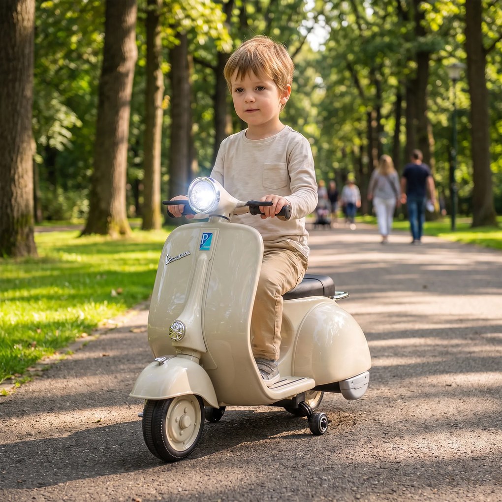 AIYAPLAY Motocicletă Electrică pentru Copii 3+ Ani, Licență VESPA, 6V, cu Roți Ajutătoare Detașabile, Max. 30 kg, Alb | Aosom Romania