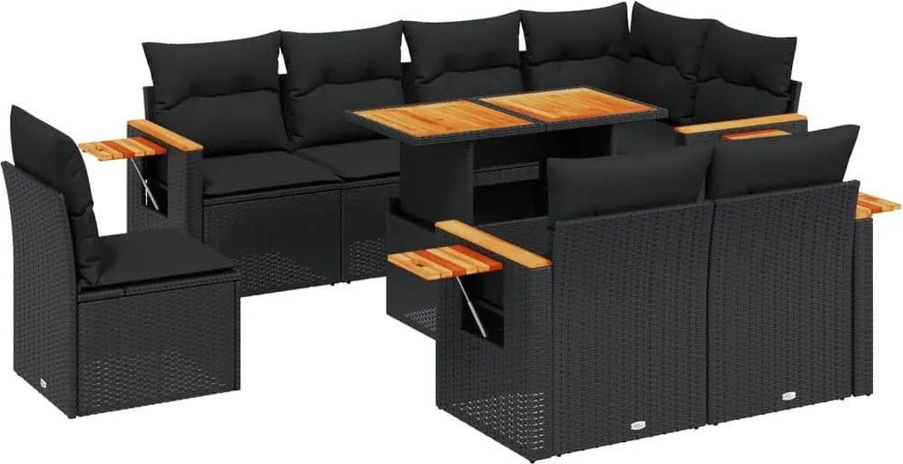 vidaXL Set mobilier de grădină cu perne, 9 piese, negru, poliratan