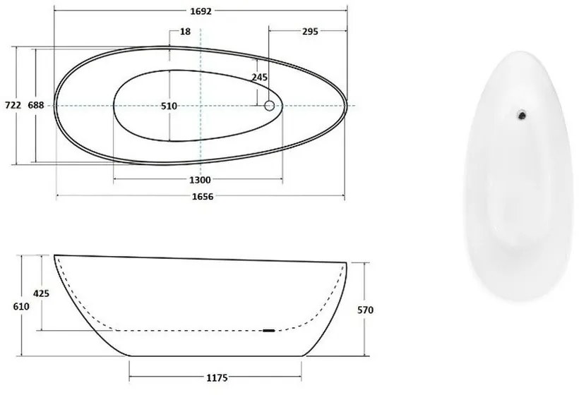 Cada baie freestanding ovala, compozit, alba, 170x72 cm, Besco Goya Alb, 1700x720 mm