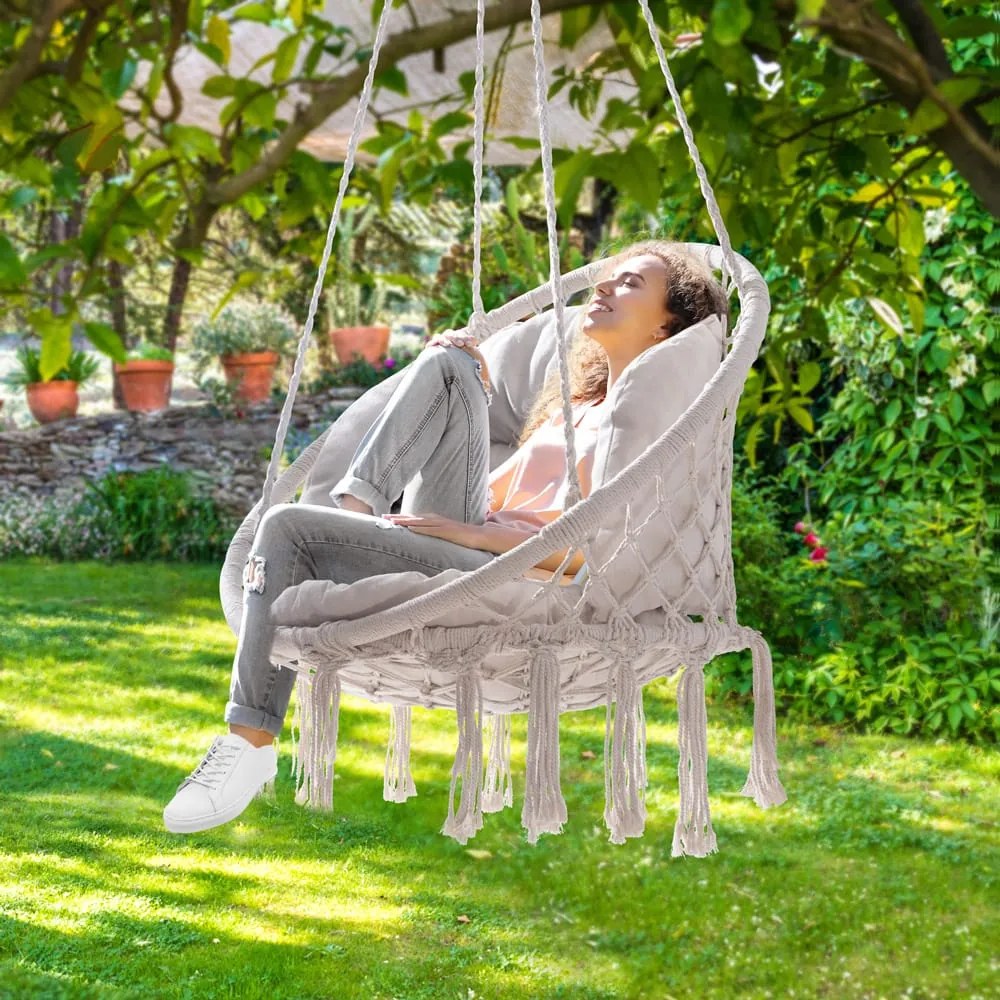 Jurhan Scaun suspendat BOHO cu perne, Ø61cm, bej