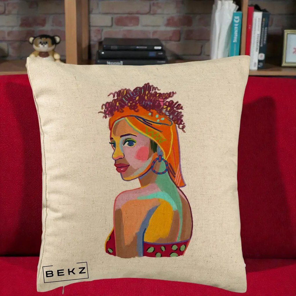 Perna decorativa Portret Femeie Colorat Pop Art, 40x40 cm cu Umplutura, Bej, BEKZ