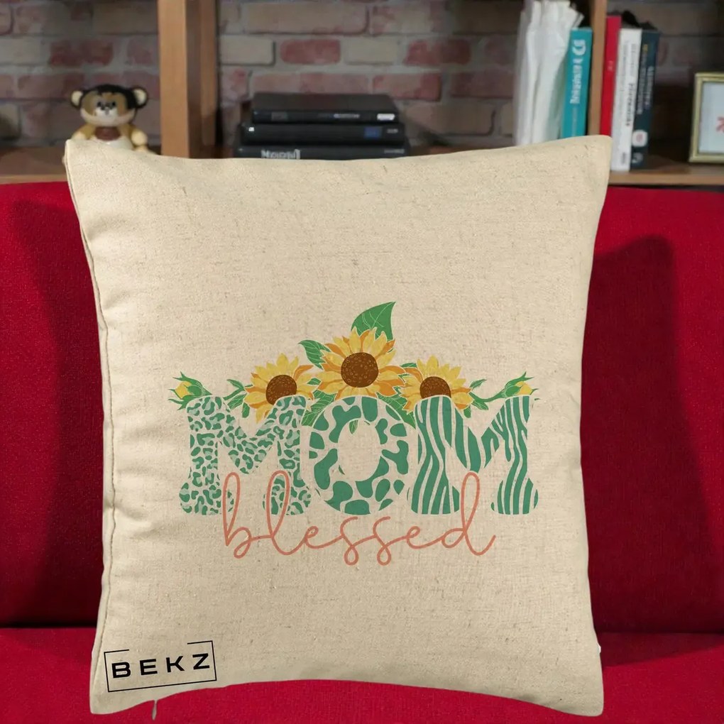 Cadou pentru Mama - Perna Personalizata Mom Blessed cu Floarea Soarelui Animal Print Teal, 40x40 cm, Bej, Husa Detasabila, Perna Inclusa, BEKZ®