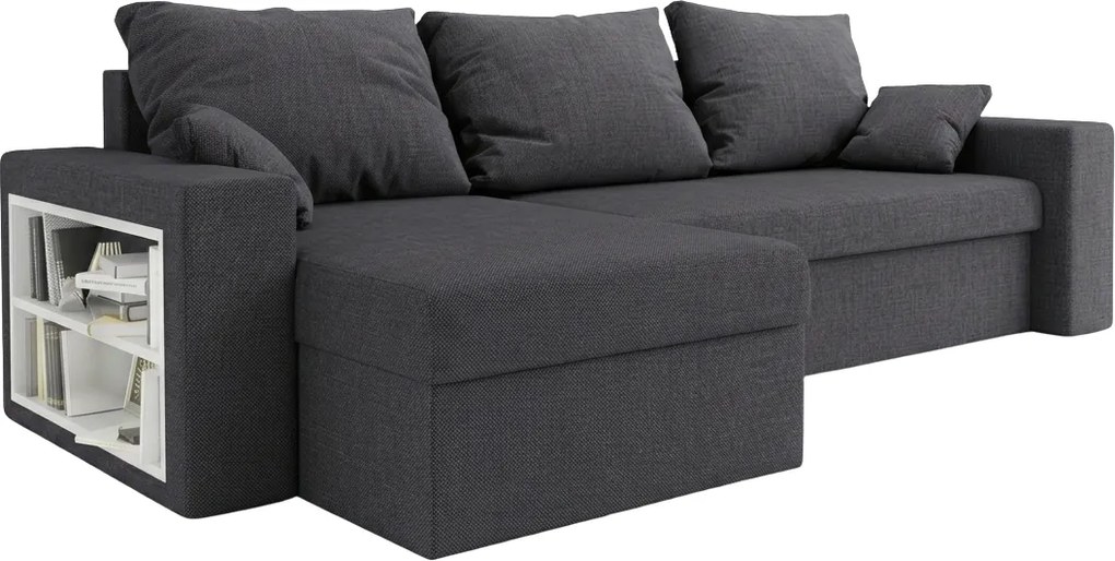 Canapea extensibila reversibila in forma de L NORIX 240x140 cm, gri inchis cu raft + 2 pernute GRATUIT