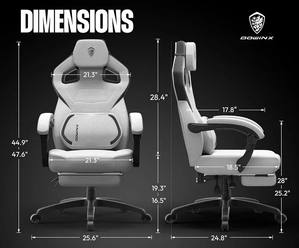 RESIGILAT- DOWINX Scaun gaming, ergonomic, suport lombar cu masaj, Șezut cu Arcuri Metalice și Spumă, Spătar înalt, rabatabil 90°-135°, Suport picioare, rezistent 150 kg, material textil respirabil, Gri