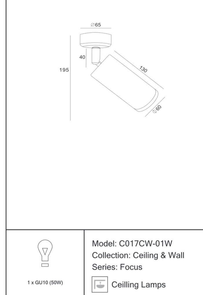 Spot directionabil aplicat de tavan/plafon Focus MYC017CW-01W