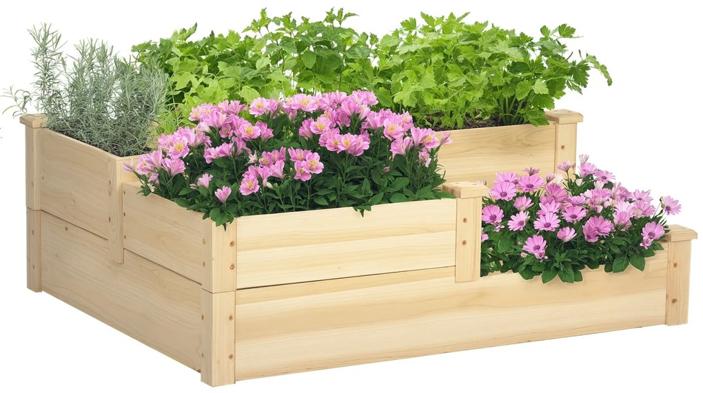Outsunny Cavou legumicol din lemn, ghiveci de grădină în trepte, 3 niveluri, design fără fund, 108 x 88 x 36 cm, lemn natural | Aosom Romania