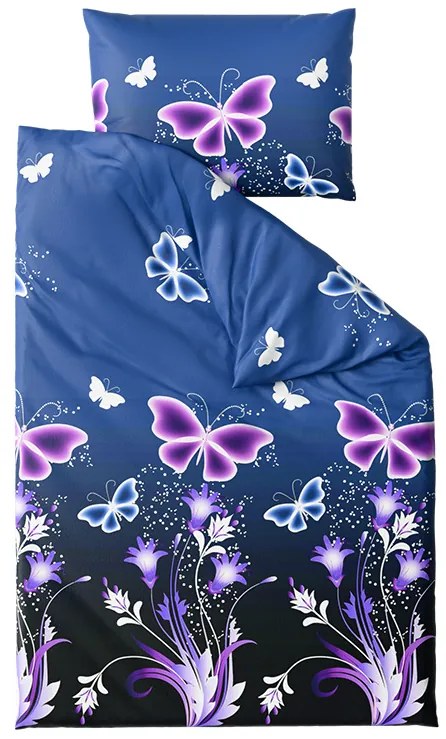 Set 2 buc Lenjerie cocolino VIOLET BUTTERFLY albastru inchis + Cearsaf Cocolino microplus cu elastic SOFT 180x200 cm alb, pat dublu