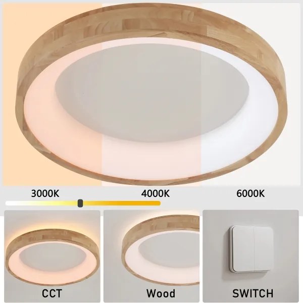 Plafonieră LED Brilagi-LED FALCON WOOD, 40W, 230V, 3 temperaturi de culoare (3000/4000/6000K), 60 cm, corp din lemn