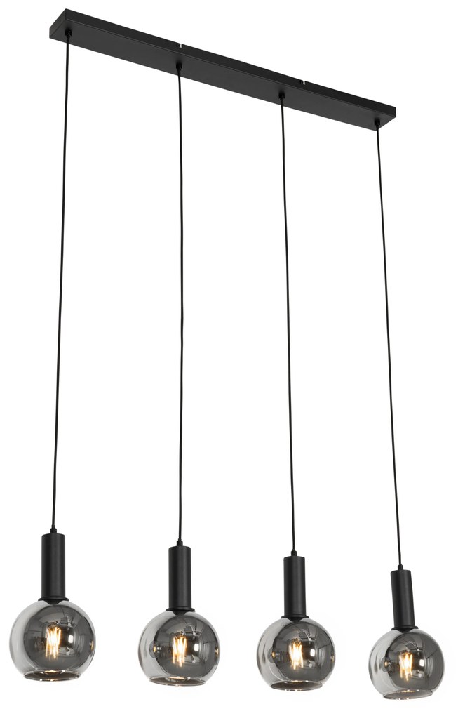 Lampă suspendată Art Deco neagră cu sticlă fumurie cu 4 lumini - Josje