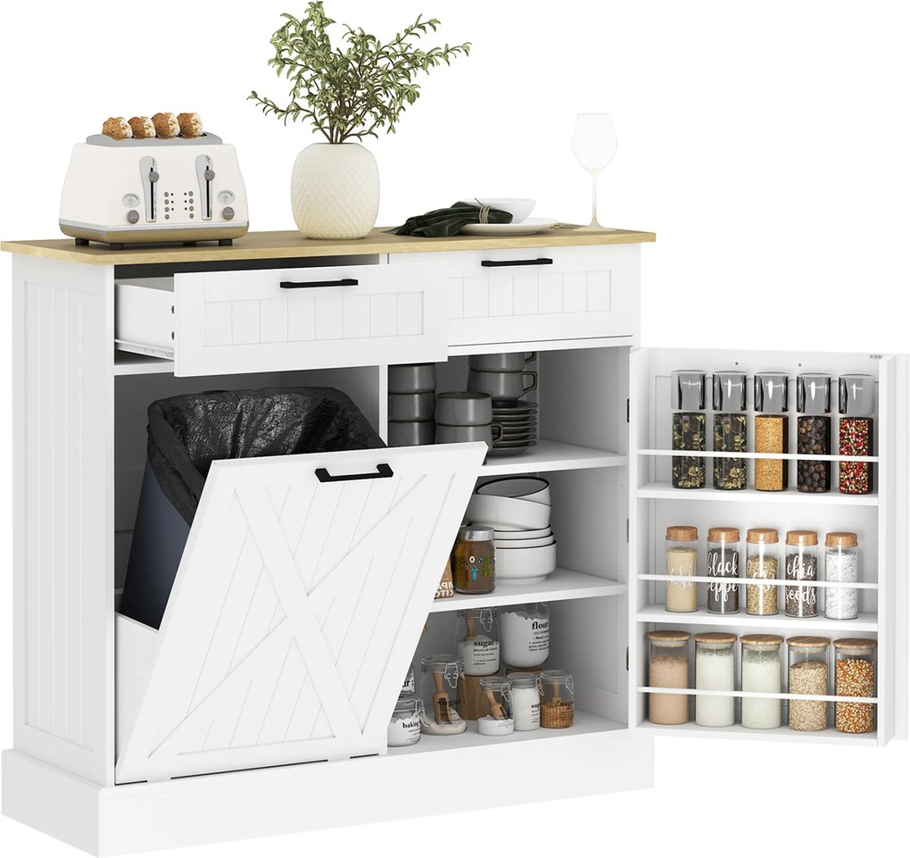 HOMCOM Bufet de bucătărie cu compartiment coș 38 L, mobilier depozitare bucătărie, 2 sertare, suport condimente și blat, alb | Aosom Romania