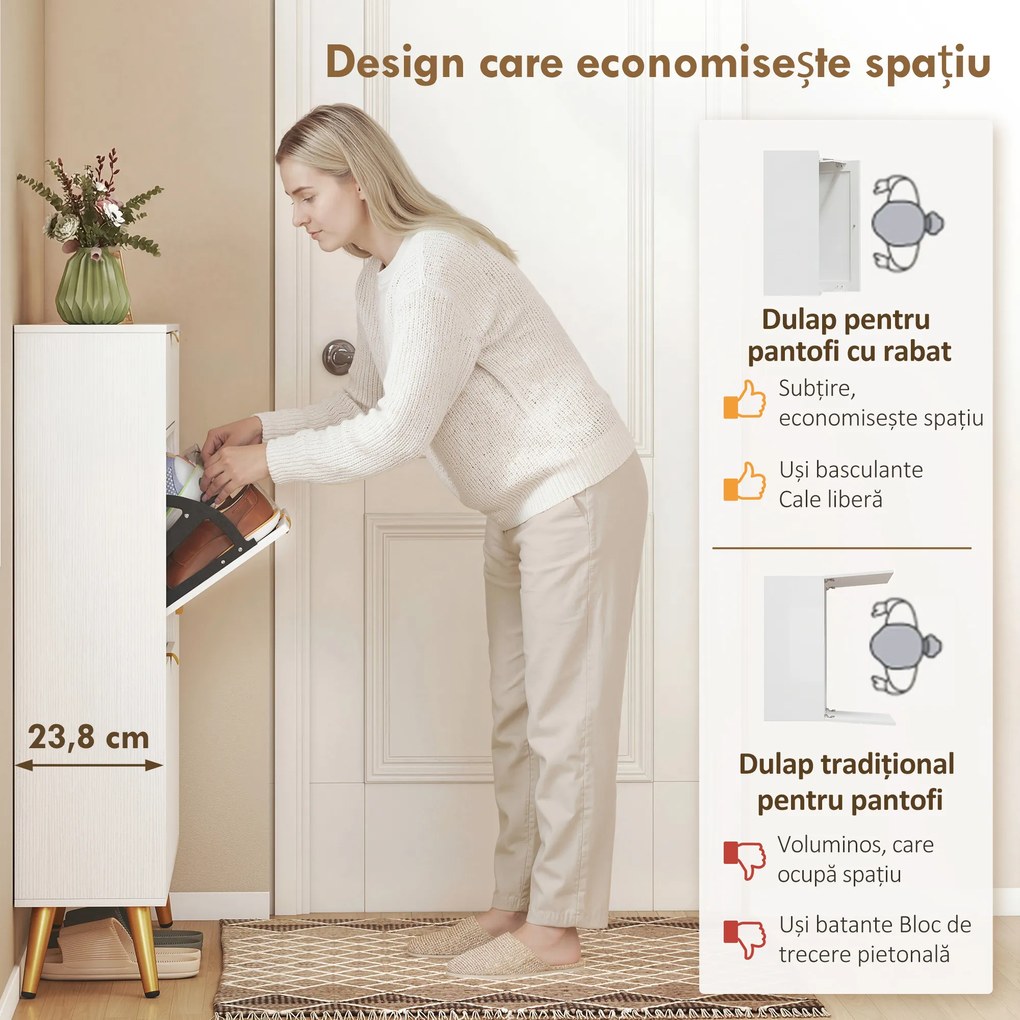 HOMCOM Dulap pentru Pantofi Slim cu Uși Rabatabile, Rafturi Reglabile, pentru 12 Perechi, Alb | Aosom Romania