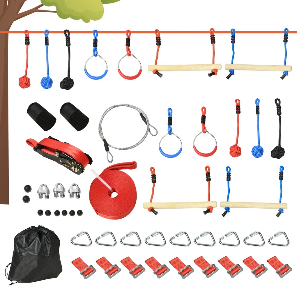 Outsunny Parcurs de obstacole ninja pentru copii, 30 accesorii și sac de transport, slackline 10 m, albastru/negru/roșu | Aosom Romania