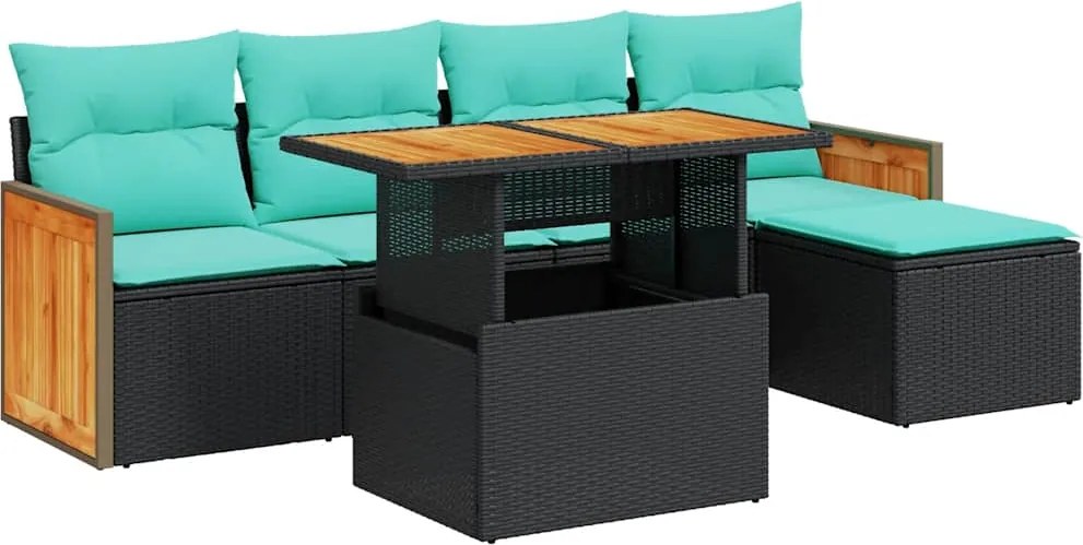vidaXL Set mobilier grădină perne 6 piese negru poliratan/lemn acacia