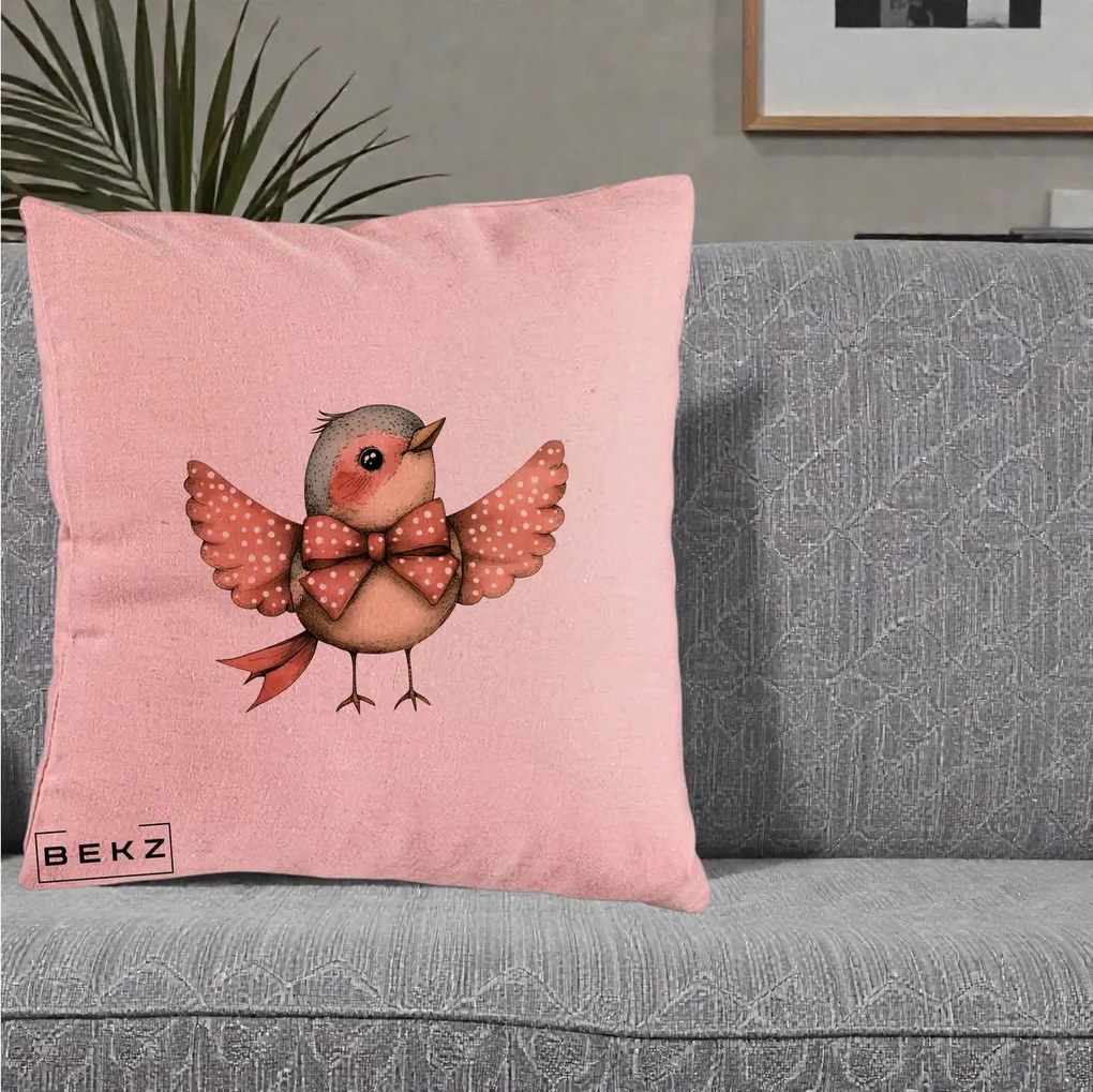 Perna Decorativa Pasare Roz cu Aripi si Fundita, 40x40 cm, Roz, Husa Detasabila, Perna Inclusa, BEKZ®