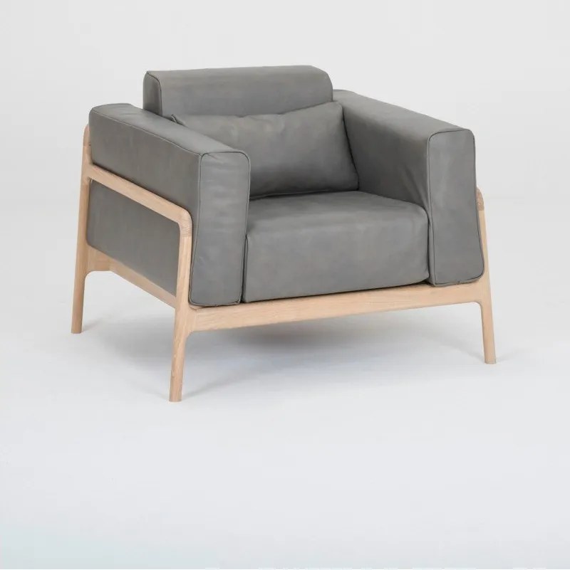 Fotoliu din piele bovină cu structură din lemn masiv de stejar Gazzda Fawn, gri închis