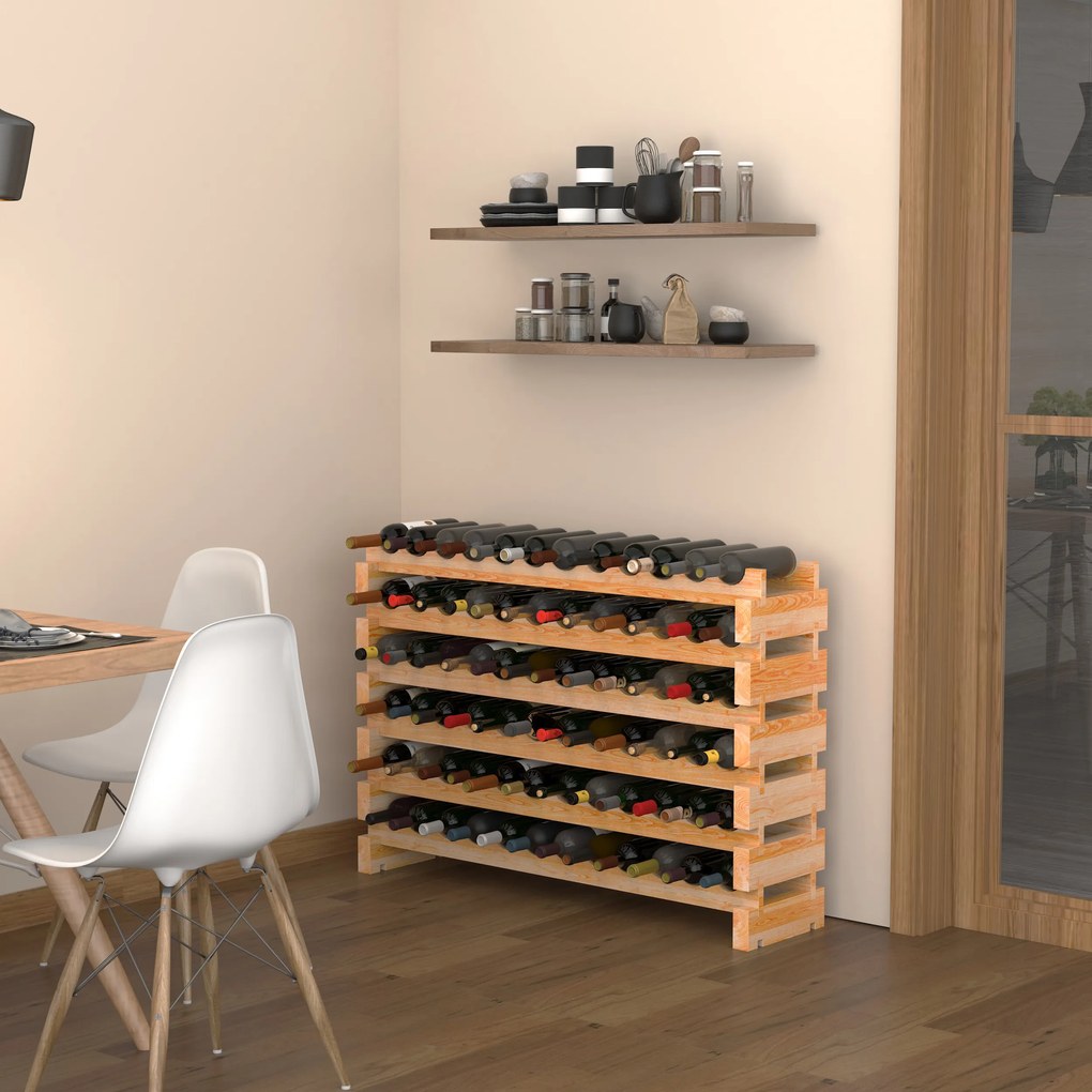HOMCOM Raft pentru Sticle din Lemn de Brad cu 6 Rafturi pentru 72 de Sticle, 114x28x85 cm, Lemn Natural | Aosom Romania
