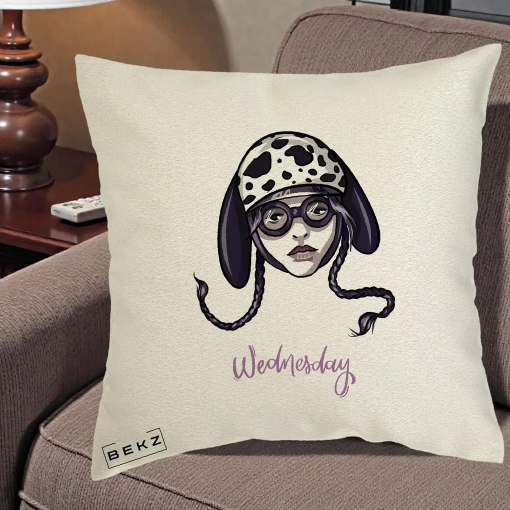 Perna Personalizata Wednesday Addams cu Caine Dalmatian, 40x40 cm, Ecru, Husa Detasabila, Perna Inclusa, BEKZ®