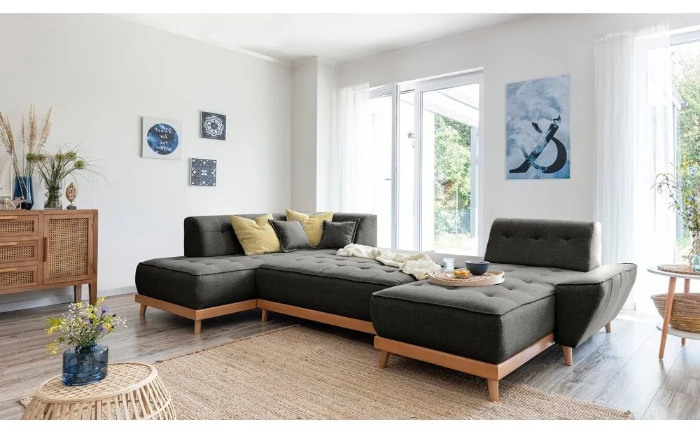 Canapea extensibilă în formă de "U" cu șezlong pe partea stângă Miuform Dazzling Daisy, gri închis