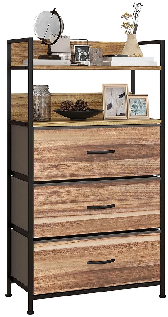 HOMCOM Corp de depozitare stil industrial comodă 3 sertare din țesătură detașabile și 2 rafturi - 60 x 29 x 101cm - MDF și metal | Aosom Romania