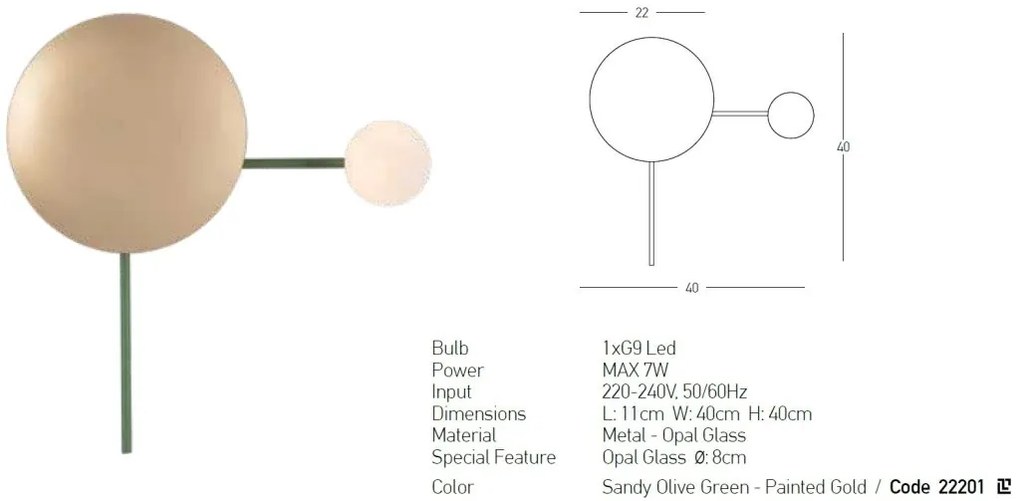 Aplica de perete design modern Finias verde olive, auriu