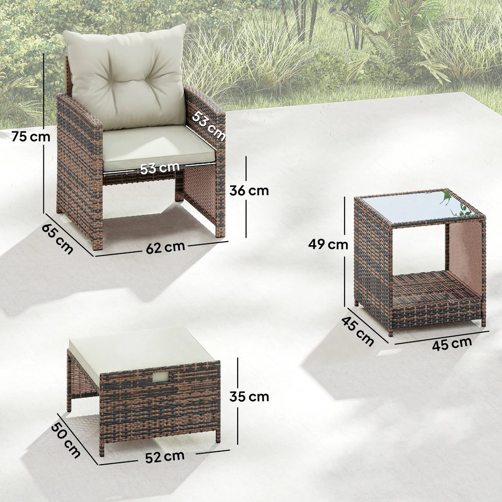 Outsunny Set de Mobilier de Grădină din Rattan 5 Piese, Set de Mobilier Exterior cu 2 Suporturi pentru Picioare, 2 Fotolii, Masă de Cafea cu 2 Niveluri, Perne, pentru Balcon, Terasă, Patio, Maro/Crem | Aosom Romania
