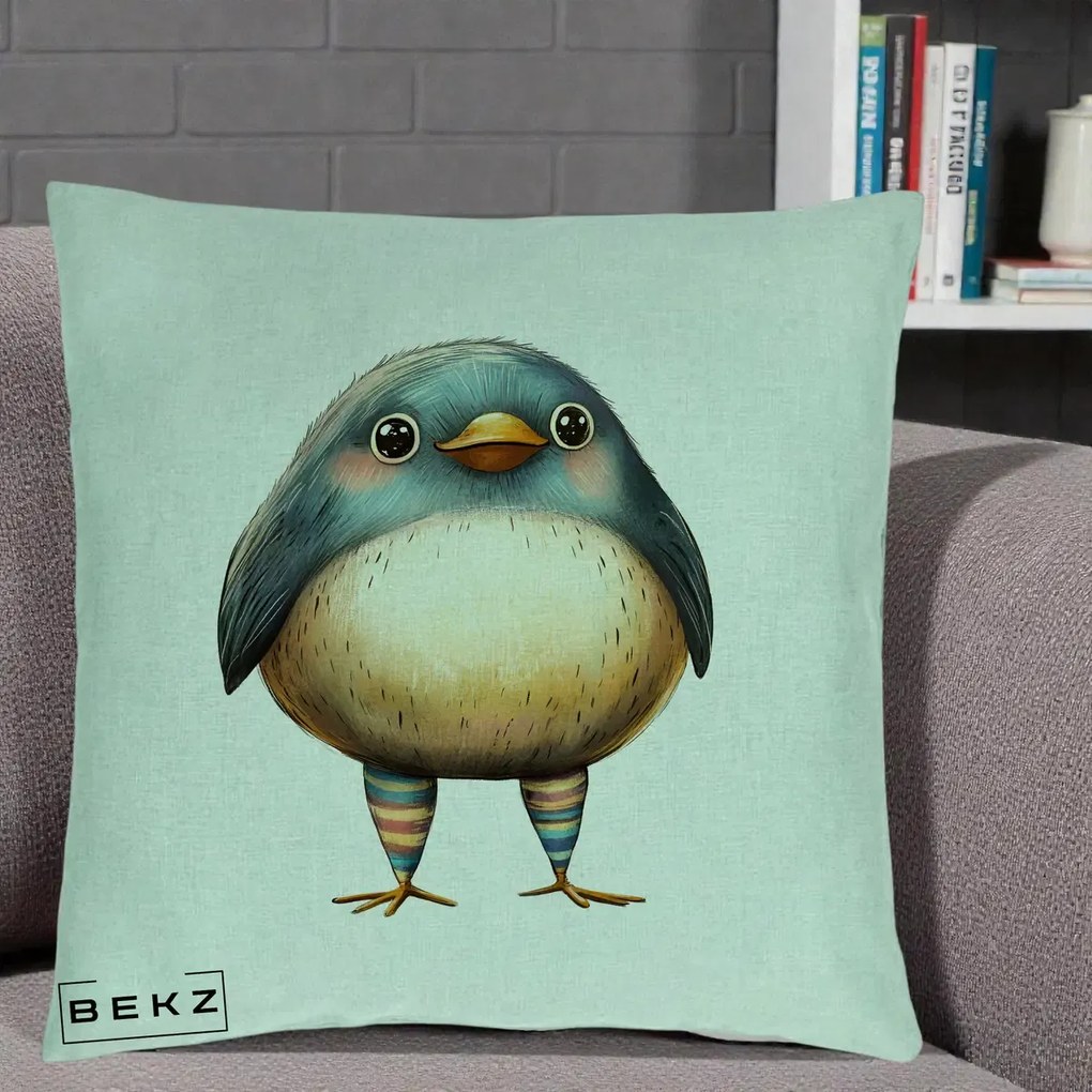 Perna Decorativa Pasare Teal-Bej cu Sosete Curcubeu, 40x40 cm, Verde Menta, Husa Detasabila, Perna Inclusa, BEKZ®