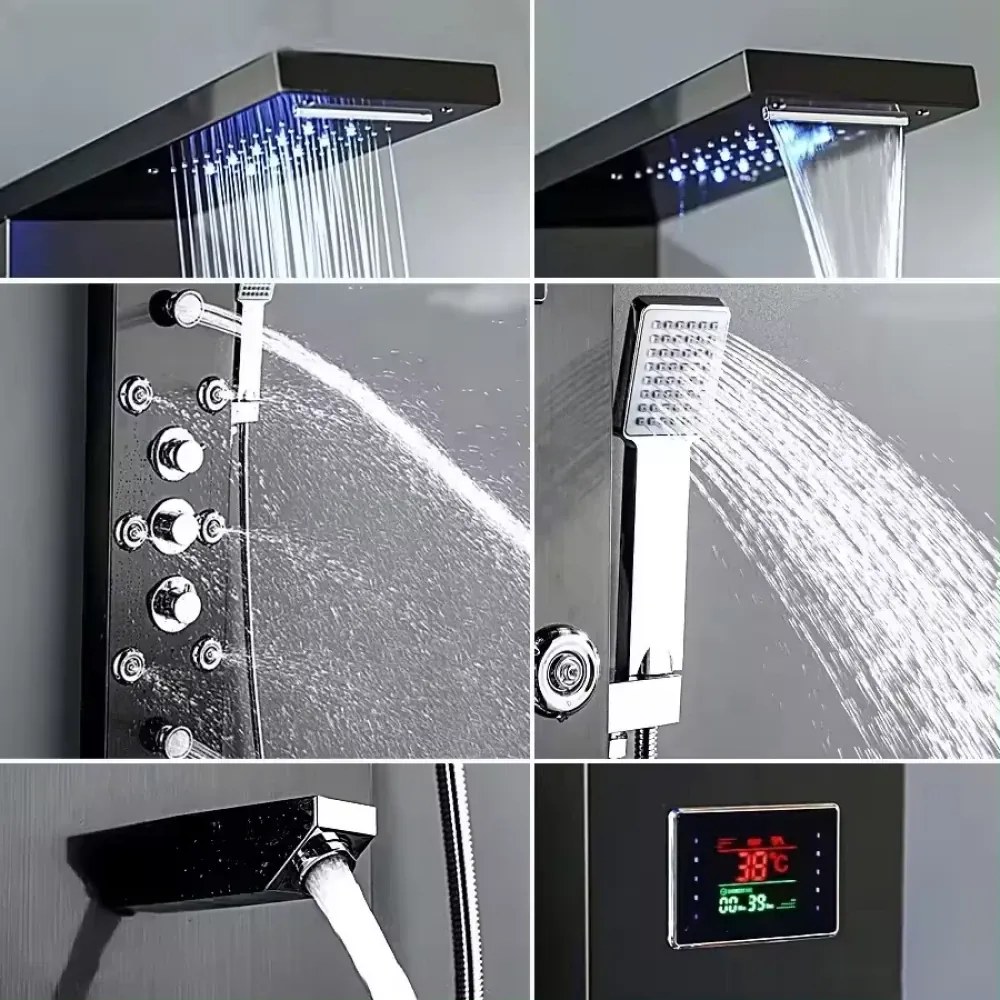 RESIGILAT- Panel de duș, afișaj digital, lumină LED, hidromasaj, cap de duș Ploaie, Cascadă, duș de mână, hidromasaj, negru, SS07