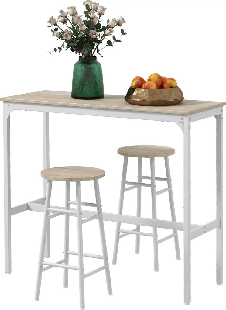 HOMCOM Set masă înaltă de bar + 2 scaune cu structură din oțel și blat cu aspect de lemn natural, pentru 2 persoane, alb | Aosom Romania