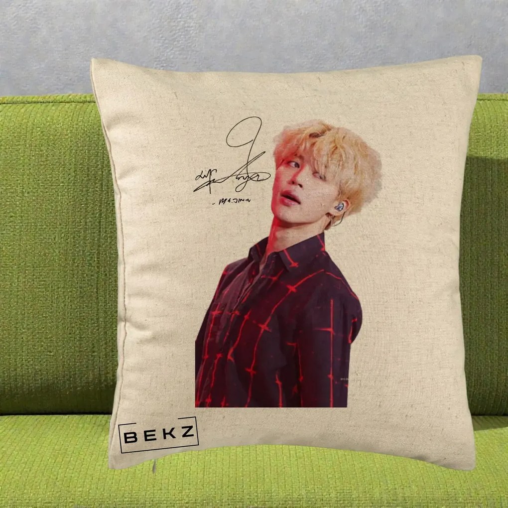 Perna Personalizata K-pop BTS Jimin Portret Artistic par Blond Autograf, 40x40 cm, Bej, Husa Detasabila, Perna Inclusa, BEKZ®