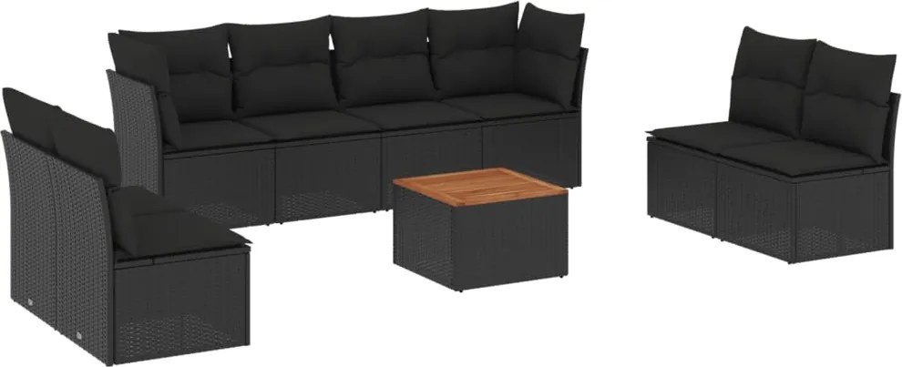 vidaXL Set mobilier de grădină cu perne, 9 piese, negru, poliratan